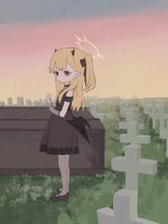 Rule 34 | 1girl, absurdres, bare shoulders, black dress, blonde hair, blue archive, closed mouth, coffin, cross, dress, elbow gloves, evening, expressionless, flower, from side, full body, gloves, grass, graveyard, grey gloves, grey pantyhose, halo, highres, holding, holding flower, horns, ibuki (blue archive), ibuki (dress) (blue archive), latin cross, long hair, looking at viewer, low wings, mary janes, multicolored sky, nemuri oekaki, one side up, outdoors, pantyhose, pink sky, pointy ears, shoes, sky, sleeveless, sleeveless dress, solo, standing, tombstone, white flower, wings, yellow eyes, yellow sky