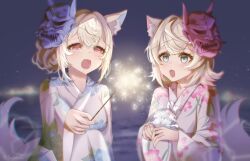 Rule 34 | 2girls, alternate costume, animal ear fluff, animal ears, blonde hair, blue eyes, blue hair, breasts, dog ears, dog girl, fireworks, fuwawa abyssgard, hololive, hololive english, japanese clothes, kimono, long hair, mask, mask on head, medium breasts, mococo abyssgard, multicolored hair, multiple girls, night, night sky, oni mask, open mouth, perroccino (fuwamoco), pink eyes, pink hair, siblings, sisters, sky, small breasts, sobbi11, sparkler, streaked hair, twins, virtual youtuber