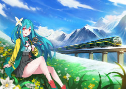 Rule 34 | 1girl, :d, bad id, bad pixiv id, blue hair, cloud, day, field, flower, flower field, hair ornament, long hair, looking at viewer, mountain, open mouth, original, red eyes, sitting, sky, smile, solo, train, zhuxiao517