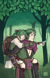 Rule 34 | 1boy, 1girl, carrying, father and daughter, fire emblem, fire emblem fates, forest, green eyes, green hair, hat, japanese clothes, kaze (fire emblem), midori (fire emblem), nature, nintendo, outdoors, piggyback, pointing finger, smile, straw hat, tree, twintails