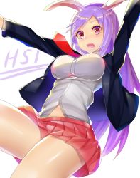 Rule 34 | 1girl, animal ears, arietto, blush, breasts, character name, cookie (touhou), highres, hisui (cookie), large breasts, long hair, long sleeves, looking at viewer, midriff peek, navel, necktie, open mouth, purple eyes, purple hair, rabbit ears, red necktie, red skirt, reisen udongein inaba, skirt, solo, teeth, thighs, touhou
