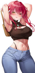 Rule 34 | 1girl, absurdres, armpits, heterochromia, highres, hololive, houshou marine, looking at viewer, navel, pants, raag jp, red eyes, red hair, short hair, simple background, sleeveless, solo, twintails, virtual youtuber, yellow eyes