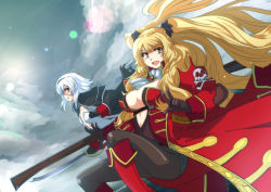 Rule 34 | 2girls, anne bonny (fate), blonde hair, blue eyes, breasts, brown eyes, cleavage, cleavage cutout, clothing cutout, cutlass, cutlass, fate/grand order, fate (series), gun, haku (grimjin), large breasts, long hair, looking at viewer, mary read (fate), multiple girls, pantyhose, pirate, rifle, scar, sky, smile, twintails, v, very long hair, weapon, white hair