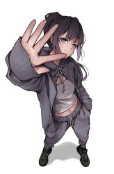 Rule 34 | 1girl, absurdres, black footwear, blue eyes, breasts, cleavage, closed mouth, commentary, foreshortening, hand in pocket, high ponytail, highres, hitozche, jacket, long hair, long sleeves, looking at viewer, medium breasts, midriff, navel, open clothes, open jacket, original, outstretched arm, pants, perspective, ponytail, purple hair, purple jacket, purple pants, shadow, shirt, shoes, sidelocks, simple background, sneakers, solo, sweatpants, white background, white shirt