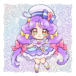 Rule 34 | 1girl, aizen (syoshiyuki), ankle cuffs, aqua eyes, blue bow, bow, bow earrings, brown eyes, chibi, choker, cure coral, dress, earrings, facial mark, fingerless gloves, frilled dress, frills, full body, gloves, hair bow, hat, hat bow, heart, heart facial mark, heart in eye, highres, jewelry, kneehighs, lace background, long hair, looking at viewer, magical girl, multi-tied hair, multicolored eyes, multiple hair bows, parted lips, pink bow, pouch, precure, purple background, purple choker, purple dress, purple footwear, purple hair, purple theme, sailor hat, shoes, smile, socks, solo, standing, striped, striped bow, suzumura sango, symbol in eye, tropical-rouge! precure, twintails, very long hair, white gloves, white hat, white socks, yellow bow