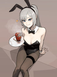 Rule 34 | animal costume, blue eyes, breasts, collar, detached collar, food, gogalking, highres, holding, holding food, holding plate, knees together feet apart, large breasts, leotard, maid (gogalking), noodles, pantyhose, plate, playboy bunny, rabbit ears, ramen, simple background, sitting, sitting on object, smile, solo, thigh strap, white hair