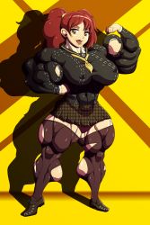 Rule 34 | 1girl, absurdres, brown hair, devmgf, extreme muscles, female focus, highres, kujikawa rise, muscular, persona, persona 4, solo, torn clothes, twintails