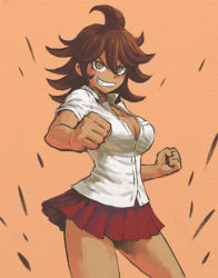 Rule 34 | 10s, 1girl, breasts, brown hair, cleavage, clenched hand, clenched hands, danganronpa (series), danganronpa 2: goodbye despair, grey eyes, grin, large breasts, namu (nurui cha), open clothes, open shirt, owari akane, pleated skirt, shirt, skirt, smile, solo