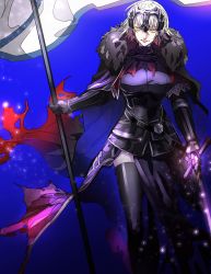 Rule 34 | 1girl, armor, armored dress, banner, blonde hair, cape, fate/apocrypha, fate (series), flag, fur collar, gauntlets, headpiece, highres, holding, holding sword, holding weapon, jeanne d&#039;arc (fate), jeanne d&#039;arc alter (avenger) (fate), jeanne d&#039;arc alter (avenger) (first ascension) (fate), jeanne d&#039;arc alter (fate), short hair, sword, tenobe, thighhighs, weapon