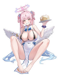 1girl absurdres alternate_costume angel_wings bamboo_steamer bare_legs bare_shoulders barefoot bikini bikini_top_only black_bikini blue_archive blue_hair blue_halo blunt_bangs blush braid braided_hair_rings breastless_clothes breasts china_dress chinese_clothes cleavage commentary_request covered_erect_nipples covered_navel double_bun dress feathered_wings flower grin hair_bun hair_flower hair_intakes hair_ornament hair_rings hair_scrunchie halo hand_up highres holding holding_plate knees_apart_feet_together knees_up large_breasts long_hair looking_at_viewer low_wings micro_bikini mika_(blue_archive) multicolored_hair multicolored_halo parted_bangs pelvic_curtain pink_hair pink_halo plate pongdo scrunchie simple_background smile solo swimsuit teeth thighs toenails toes twintails two-tone_hair two-tone_halo white_background white_dress white_scrunchie white_wings wing_ornament wings wrist_scrunchie yellow_eyes