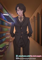 Rule 34 | 1boy, black hair, black jacket, black pants, book, character request, fanbox, formal, frown, glasses, hands in pockets, indoors, jacket, library, looking at viewer, male focus, necktie, pants, solo, suit, the dark mangaka