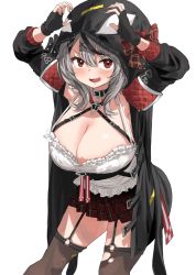 Rule 34 | 1girl, animal hood, arms up, black collar, black jacket, blush, breasts, cleavage, collar, cowboy shot, fang, fingerless gloves, garter straps, gloves, grey hair, heart, heart o-ring, highres, hololive, holox, hood, hood up, huge breasts, jacket, leaning forward, long sleeves, looking at viewer, mask, megame (okbnkn), miniskirt, open clothes, open jacket, open mouth, orca hood, plaid, plaid skirt, red eyes, sakamata chloe, sakamata chloe (1st costume), simple background, skirt, solo, thighhighs, unworn mask, virtual youtuber, white background