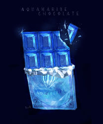 Rule 34 | aquamarine (gemstone), artist name, blue background, blue theme, chocolate, cocon (cocon q), crystal, english text, food focus, glint, highres, no humans, original, breaking, signature, simple background, still life, wrapper