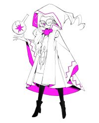 Rule 34 | 1girl, ;|, alchemist cookie, ankle boots, asymmetrical bangs, black footwear, black pantyhose, boots, coat, cookie run, dress, flask, floating, floating object, full body, glasses, hair over shoulder, highres, hood, hood up, humanization, limited palette, long hair, looking at viewer, pantyhose, pink eyes, round-bottom flask, round eyewear, simple background, solo, tuko, white background, wide sleeves