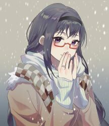 Rule 34 | 1girl, akemi homura, alternate costume, black hair, black hairband, brown background, brown jacket, brown scarf, checkered clothes, checkered scarf, from side, fur-trimmed jacket, fur trim, glasses, hairband, hands on own face, hands up, highres, jacket, jewelry, long hair, long sleeves, looking at viewer, mahou shoujo madoka magica, mahou shoujo madoka magica (anime), portrait, purple eyes, red-framed eyewear, ring, scarf, semi-rimless eyewear, shao jiu, simple background, smile, snowing, solo, under-rim eyewear, winter clothes