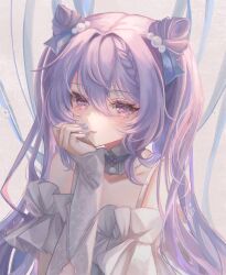 Rule 34 | 1girl, bare shoulders, braid, closed mouth, collar, commentary request, cone hair bun, dress, genshin impact, hair bun, hair ornament, hand on own face, heichanart, highres, keqing (genshin impact), long sleeves, looking at viewer, nail polish, purple eyes, purple hair, purple nails, signature, smile, solo, twintails, upper body, white collar, white dress