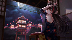 Rule 34 | 1girl, adjusting hair, animal ears, architecture, bare back, black hair, commentary request, east asian architecture, floral print, from behind, japanese clothes, kimono, long hair, looking at viewer, moon, moonlight, multicolored hair, nc731, night, original, pagoda, partially undressed, red eyes, red hair, scenery, sitting, sliding doors, solo, torii, very long hair