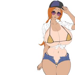 1girl baseball_cap bikini bleach blouse breasts collarbone denim denim_shorts female_focus hat inoue_orihime iwao178 large_breasts looking_at_viewer navel_piercing orange_hair piercing shirt shorts simple_background sunglasses swimsuit tan tanline thick_thighs thighs unfinished white_background