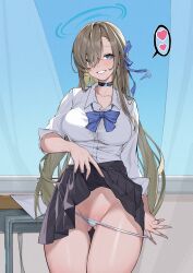 Rule 34 | 1girl, absurdres, asuna (blue archive), black skirt, blue archive, blue bow, blue bowtie, blue eyes, blue halo, blush, bow, bowtie, breasts, cleavage, collarbone, commentary request, desk, feet out of frame, grin, hair over one eye, halo, highres, light brown hair, looking at viewer, medium breasts, panties, panty pull, paradox (parapa), school desk, school uniform, shirt, skirt, smile, solo, thighs, thought bubble, underwear, uniform, white shirt
