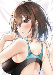 Rule 34 | 1girl, bare shoulders, blush, breasts, brown hair, closed mouth, competition swimsuit, cropped, hair between eyes, hand up, hawawa-chan (shiro kuma shake), highres, large breasts, looking at viewer, lying, median furrow, medium hair, on stomach, one-piece swimsuit, original, purple eyes, racerback, raised eyebrows, shiro kuma shake, sideboob, sidelocks, solo, swimsuit, upper body, wavy mouth, wet, wet hair