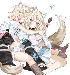 Rule 34 | 2girls, absurdres, animal ear fluff, animal ears, belt collar, black collar, black jacket, blonde hair, blue hair, blush, breasts, cleavage, cleavage cutout, closed eyes, closed mouth, clothing cutout, collar, cropped jacket, cropped shirt, dog ears, dog girl, dog tail, dress, fishnet socks, fishnets, frilled shorts, frills, fur-trimmed jacket, fur trim, fuwawa abyssgard, fuwawa abyssgard (1st costume), hair brush, heart, highres, holding, holding hair brush, hololive, hololive english, jacket, large breasts, looking back, medium hair, mococo abyssgard, mococo abyssgard (1st costume), multicolored hair, multiple girls, pink eyes, pink hair, ryoma (rym 369), shirt, short shorts, shorts, siblings, single fishnet legwear, sisters, smile, socks, spiked collar, spikes, spoken heart, streaked hair, tail, twins, virtual youtuber, white background, white dress, white shirt, white shorts