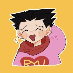 Rule 34 | 1boy, :d, ace attorney, arm at side, arm behind head, black hair, blush, closed eyes, cropped torso, flying sweatdrops, heart, heart print, long sleeves, lowres, male focus, no nose, open mouth, outline, phoenix wright, phoenix wright (nostalgic sweater), pink sweater, print sweater, red scarf, scarf, short hair, simple background, smile, solo, spiked hair, sweater, text print, una (unun), white outline, yellow background