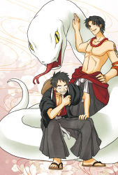 Rule 34 | 2boys, alternate costume, black hair, brothers, inukoro (spa), japanese clothes, male focus, monkey d. luffy, multiple boys, one piece, portgas d. ace, shueisha, siblings, smile, snake