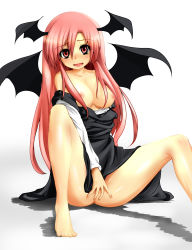 Rule 34 | 1girl, barefoot, bat wings, bottomless, breasts, covering privates, covering crotch, embarrassed, embodiment of scarlet devil, feet, female focus, head wings, koakuma, legs, long hair, miki purasu, nipples, no bra, no panties, pussy, red eyes, red hair, sitting, solo, spread legs, touhou, uncensored, wings