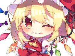Rule 34 | 1girl, ascot, blonde hair, blush, chibi, chisiro unya (unya draw), crystal, flandre scarlet, hat, heart, looking at viewer, mob cap, one eye closed, puffy short sleeves, puffy sleeves, red eyes, red ribbon, red skirt, red vest, ribbon, shirt, short sleeves, skirt, skirt set, smile, solo, tongue, tongue out, touhou, vest, white background, white hat, white shirt, wings