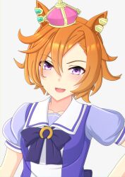 Rule 34 | 1girl, 2-butani, absurdres, animal ears, bow, bowtie, breasts, closed mouth, collarbone, commentary request, crown, highres, horse ears, horse girl, light blush, long sleeves, looking at viewer, orange hair, purple eyes, purple shirt, sailor collar, school uniform, shirt, short hair, simple background, small breasts, solo, t.m. opera o (umamusume), tracen school uniform, umamusume, upper body, white background