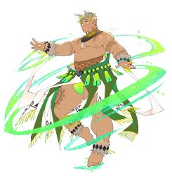 Rule 34 | 1boy, animal ears, bara, belly, belt collar, blush, body fur, bulge, chest hair, collar, dog boy, dog ears, facial hair, fighting stance, full body, goatee, gomeisa (live a hero), green eyes, grey hair, highres, jewelry, large pectorals, live a hero, long sideburns, looking at viewer, looking to the side, male focus, muscular, necklace, nipples, open clothes, open hands, open shirt, pectorals, short hair, sideburns, simple background, smile, solo, tattoo, thick thighs, thighs, tribal, tribal tattoo, upper body, white background, wrist cuffs, yuufreak