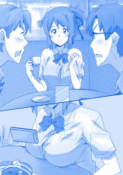 Rule 34 | 1girl, 2boys, blue theme, blush, bow, bowtie, braid, breast rest, breasts, cafe, cellphone, cleavage, cleavage cutout, clothing cutout, collared shirt, comic, commentary, cup, food, fujii tsukasa, getsuyoubi no tawawa, glasses, holding, holding cup, holding phone, kimi no na wa., large breasts, looking at another, looking down, miyamizu mitsuha, monochrome, multiple boys, pancake, parody, phone, plate, ponpon, ponytail, saucer, shirt, short hair, short sleeves, single braid, smartphone, smile, style parody, sweatdrop, takagi shinta, teacup, teeth, thick eyebrows, wavy mouth