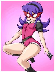 Rule 34 | battle spirits, bodysuit, breasts, closed mouth, hairband, isu, long hair, lowres, mask, purple hair, smile, suiren (battle spirits), when you see it