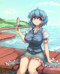 Rule 34 | 1girl, adapted costume, ahoge, arm support, blue eyes, blue hair, blue skirt, blue sky, blue vest, breasts, cloud, collarbone, commentary, day, english commentary, feet out of frame, food, hair between eyes, hair ornament, hand up, hater (hatater), highres, holding, holding food, large breasts, looking to the side, miniskirt, outdoors, petticoat, popsicle, puffy short sleeves, puffy sleeves, red eyes, reflection, shadow, shirt, short hair, short sleeves, sitting, skirt, sky, solo, tatara kogasa, thighs, touhou, vest, water, white shirt, x hair ornament