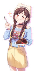 Rule 34 | &gt; o, 1girl, ;t, animal hat, bare shoulders, beanie, black choker, blue shirt, bracelet, breasts, brown hair, cake, choker, closed mouth, clothes writing, commentary request, food, food in mouth, food on face, fork, fruit, hair over shoulder, hair ribbon, hat, highres, holding, holding fork, holding plate, idolmaster, idolmaster shiny colors, jewelry, long sleeves, looking at viewer, nail polish, necklace, off-shoulder shirt, off shoulder, one eye closed, orange eyes, overall skirt, plate, ribbon, shirt, smile, solo, sonoda chiyoko, soramame tomu, sparkle, strawberry, tress ribbon, twitter username, white hat, yellow overalls