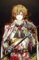 Rule 34 | 1boy, armor, axe, belt, belt buckle, black belt, blonde hair, blood, blood on clothes, blood on face, buckle, cape, closed mouth, cowboy shot, cross, cross earrings, earrings, gauntlets, highres, holding, holding axe, jewelry, limbus company, long sleeves, looking at viewer, nishikujic, nosebleed, pants, project moon, puffy long sleeves, puffy sleeves, rope, shirt, shoulder armor, sinclair (project moon), solo, wax seal, white cape, white pants, white shirt, yellow eyes
