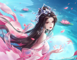 Rule 34 | 1girl, absurdres, artist request, bare shoulders, brown hair, chi lian (qin shi ming yue), closed mouth, earrings, facial mark, falling petals, fish, flower, forehead mark, from side, hair bun, hair ornament, highres, jewelry, lily pad, long hair, lotus, moon, petals, qinshi mingyue, reflection, sash, second-party source, solo, upper body, water