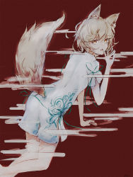 Rule 34 | 1girl, animal ears, arm support, bare legs, blonde hair, commentary, fang, feet out of frame, fox ears, fox girl, fox shadow puppet, fox tail, green ribbon, hand up, highres, kudamaki tsukasa, looking at viewer, looking back, open mouth, red background, ribbon, romper, short hair, simple background, skin fang, smoke, solo, tail, tonan (l0l0l0l0l0l), tongue, touhou, white romper, yellow eyes