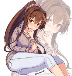 Rule 34 | 1girl, ahoge, alternate costume, blush, breasts, brown eyes, brown hair, closed mouth, collarbone, grey sweater, hair between eyes, hair intakes, hand on own chin, headband, highres, kantai collection, kuroten, large breasts, long hair, looking at viewer, pants, ribbed sweater, solo, sweater, twitter username, very long hair, white background, white pants, yamato (kancolle), zoom layer