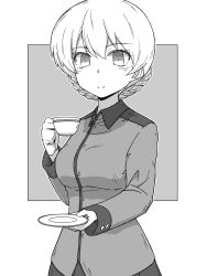 Rule 34 | 1girl, absurdres, braid, braided bun, closed mouth, commentary request, cup, darjeeling (girls und panzer), girls und panzer, greyscale, hair bun, highres, holding, holding cup, holding saucer, jacket, long sleeves, looking at viewer, military, military uniform, monochrome, partial commentary, renshiu, saucer, short hair, skirt, smile, solo, st. gloriana&#039;s military uniform, standing, teacup, twin braids, uniform