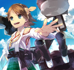Rule 34 | 10s, 1girl, bad id, bad pixiv id, blue eyes, brown hair, cloud, day, hairband, hamada (super tachioyogi kyousou), hiei (kancolle), highres, kantai collection, nontraditional miko, short hair, sky, smile, solo, turret