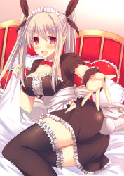 Rule 34 | 1girl, :d, bad id, bad pixiv id, bed sheet, black thighhighs, blush, breasts, cleavage, frilled pillow, frilled thighhighs, frills, hair ribbon, heart, heart-shaped pillow, highres, karuchiya, large breasts, long hair, maid, maid headdress, moe2015, open mouth, original, pillow, pink eyes, ribbon, silver hair, smile, solo, thighhighs, twintails, wrist cuffs, zettai ryouiki