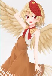 Rule 34 | 1girl, animal, animal on head, arm behind head, armpits, backlighting, bare arms, bare shoulders, bird, blonde hair, bloom, blush, breasts, brown dress, chick, commentary request, cowboy shot, dakuazu, dress, dutch angle, feathered wings, highres, looking to the side, multicolored hair, niwatari kutaka, on head, open mouth, red eyes, red hair, red neckwear, short hair, simple background, sleeveless, sleeveless dress, small breasts, smile, solo, touhou, two-tone hair, vest, white background, white vest, wings