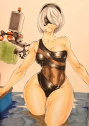 Rule 34 | 1girl, 1other, android, bare legs, bare shoulders, black hairband, black one-piece swimsuit, breasts, curvy, hairband, highleg, highleg swimsuit, highres, lips, looking to the side, nier (series), nier:automata, octavius dp, one-piece swimsuit, pod (nier:automata), robot, shiny skin, short hair, standing, swimsuit, thick thighs, thigh gap, thighs, towel, traditional media, water, wet, white hair, wide hips, 2b (nier:automata)