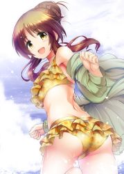Rule 34 | 10s, 1girl, :d, ass, bikini, blush, brown eyes, brown hair, coat, covered erect nipples, flower, hair bun, hair flower, hair ornament, idolmaster, idolmaster cinderella girls, jewelry, long hair, looking at viewer, looking back, matching hair/eyes, ment, necklace, open clothes, open coat, open mouth, single hair bun, smile, solo, splashing, swimsuit, takamori aiko, trefoil, water