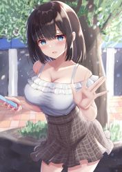 Rule 34 | 1girl, absurdres, black hair, blue eyes, blurry, blush, breasts, brown skirt, cleavage, collarbone, cowboy shot, depth of field, highres, holding, holding phone, large breasts, looking at viewer, nohhun, off shoulder, original, outdoors, parted lips, phone, shirt, shirt tucked in, short hair, skirt, smile, solo, tree, waving, white shirt