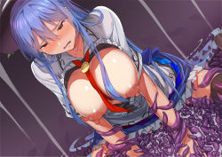 Rule 34 | 1girl, black headwear, black thighhighs, blue hair, blue skirt, blush, breasts, breasts out, center frills, commentary request, dutch angle, feet out of frame, frills, gradient background, hair between eyes, hinanawi tenshi, large breasts, leaf, long hair, necktie, neropaso, nipples, nose blush, open mouth, petticoat, purple background, red eyes, red necktie, shirt, short sleeves, sidelocks, sitting, skirt, solo, tentacles, thighhighs, touhou, very long hair, wariza, white shirt