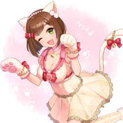 Rule 34 | 10s, 1girl, animal ears, animal hands, bad id, bad pixiv id, breasts, brown hair, cat ears, cat paws, cat tail, cleavage, fang, green eyes, idolmaster, idolmaster cinderella girls, idolmaster cinderella girls starlight stage, large breasts, maekawa miku, one eye closed, oshiri (12764076), paw pose, short hair, solo, tail