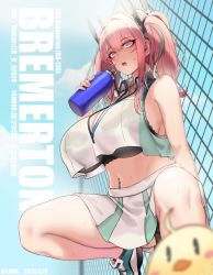 Rule 34 | 1girl, azur lane, bare shoulders, black bra, black panties, blush, book, bottle, bra, breasts, bremerton (azur lane), bremerton (scorching-hot training) (azur lane), character name, chinese commentary, commentary request, crop top, crop top overhang, dated, hair between eyes, hand up, highres, holding, holding book, huge breasts, jewelry, long hair, looking at viewer, manjuu (azur lane), multicolored hair, navel piercing, necklace, open mouth, outdoors, panties, piercing, pink eyes, pink hair, see-through, shirt, sidelocks, signature, skirt, sky, sleeveless, sleeveless shirt, solo, sportswear, spread legs, squatting, streaked hair, sweat, tennis uniform, twintails, twitter username, two-tone skirt, underwear, water bottle, wet, wet clothes, xiangzi box