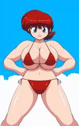 Rule 34 | 1girl, animated, animated gif, areola slip, bikini, blue eyes, blue sky, bouncing breasts, braid, braided ponytail, breasts, cleavage, covered erect nipples, female focus, hands on own hips, large breasts, legs apart, lips, looking at viewer, moyashi, navel, open mouth, ranma-chan, ranma 1/2, red hair, shiny skin, side-tie bikini bottom, single braid, skindentation, sky, smile, solo, standing, swimsuit, thong, underboob, wide hips